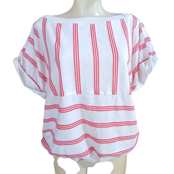 XL Vintage Women's Top Ms. Tops California Red White Striped Short Sleeve Blouse - Picture 2 of 6